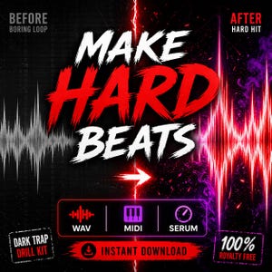 K&ouml;nnte beinhalten: Werbegrafik mit dem Text "MAKE HARD BEATS" in Wei&szlig; und Rot. Sie zeigt Wellenformvisualisierungen mit den Bezeichnungen "BEFORE BORING LOOP" und "AFTER HARD HIT". Enth&auml;lt Symbole f&uuml;r WAV, MIDI und SERUM sowie "DARK TRAP DRILL KIT" und "INSTANT DOWNLOAD".
