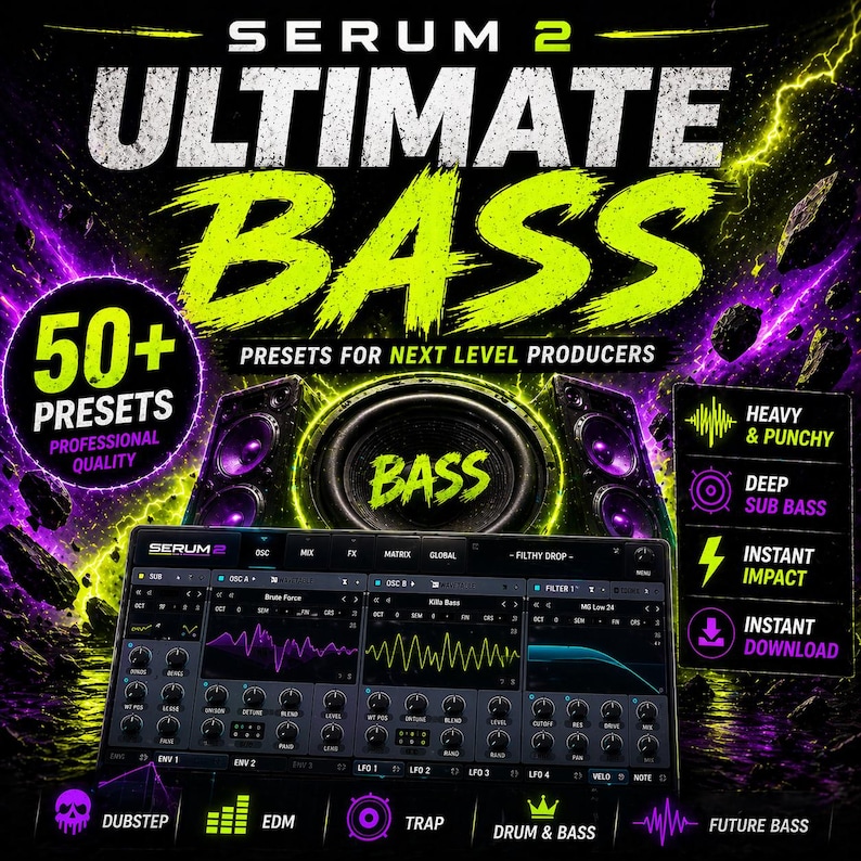 May include: Digital graphic for Serum 2 Ultimate Bass, with neon green and white text. The image advertises "50+ Presets" and "Presets for Next Level Producers." It includes a graphic of a sound mixing interface and icons for music genres like Dubstep and EDM.
