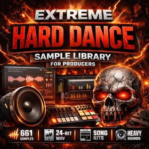 Puede incluir: Imagen promocional para una biblioteca de muestras. El título "EXTREME HARD DANCE" está en letras rojas en negrita. Se presenta una calavera con ojos rojos brillantes. La imagen también incluye equipos de audio y el texto "SAMPLE LIBRARY FOR PRODUCERS".