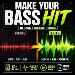 Könnte beinhalten: Werbegrafik mit dem Text "MAKE YOUR BASS HIT". Das Bild kontrastiert eine rote Schallwelle mit der Aufschrift "WEAK, FLAT, DULL" mit einer grünen Schallwelle mit der Aufschrift "PUNCHY, FULL, POWERFUL". Zusätzlicher Text enthält "IR PACK | INSTANT PUNCH".