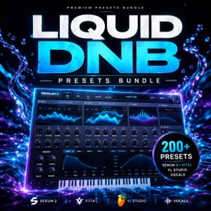 Puede incluir: Gráfico digital que promociona un "Liquid DNB Presets Bundle" para la producción musical. La imagen presenta una interfaz de software con varios controles y el texto "200+ Presets". La combinación de colores es principalmente azul y morado.