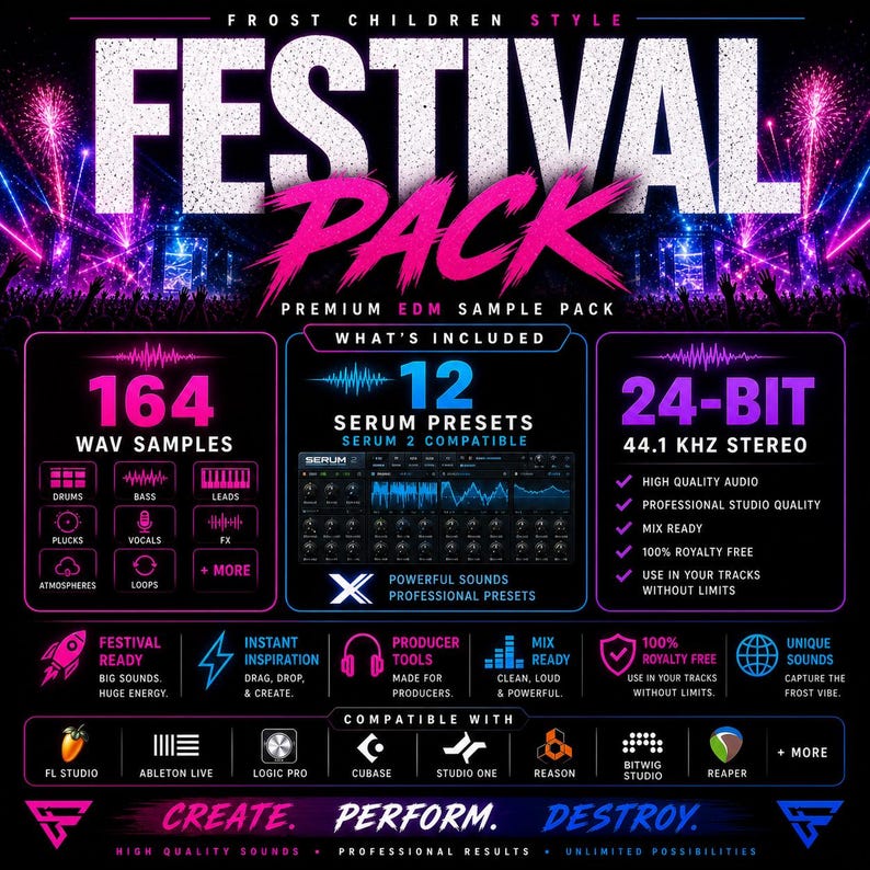 May include: A promotional graphic for a "Festival Pack" of EDM sample sounds. The design features the text "Festival Pack" in large, stylized letters, along with details about the included WAV samples, Serum presets, and audio quality.