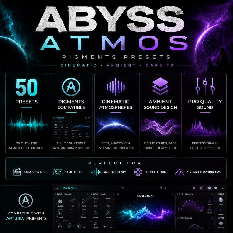 May include: A promotional graphic for "ABYSS ATMOS" sound design software. The design features the product name in large, stylized text, with sections highlighting features like presets, compatibility, and sound design capabilities. The color scheme is primarily blue and purple.
