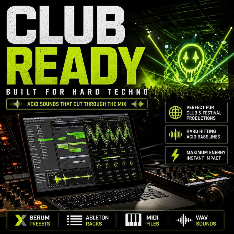 K&ouml;nnte beinhalten: Ein Laptop-Bildschirm mit Musikproduktionssoftware mit gr&uuml;nen Wellenformen und Bedienfeldern. Das Bild zeigt den Text "CLUB READY" und "BUILT FOR HARD TECHNO". Weitere Texte sind "SERUM PRESETS", "ABLETON RACKS", "MIDI FILES" und "WAV SOUNDS".