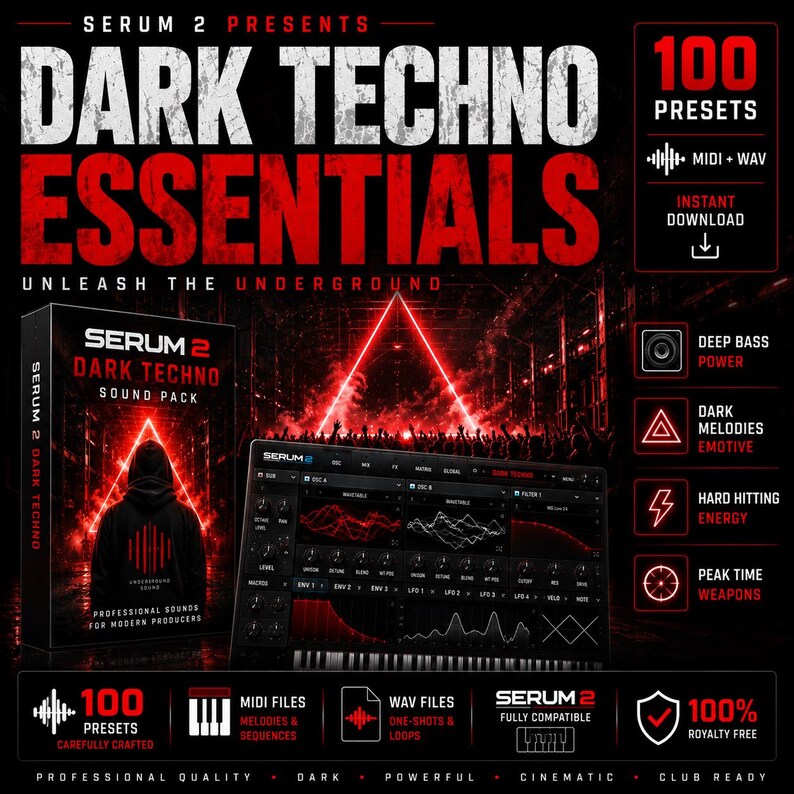 May include: A promotional image for Serum 2's Dark Techno Essentials sound pack. The graphic features a black and red color scheme, with the text "DARK TECHNO ESSENTIALS" prominently displayed. It includes a sound pack box, a software interface, and icons highlighting features like 100 presets and MIDI files.