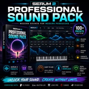 Peut inclure: Image promotionnelle pour Serum 2 Professional Sound Pack. L'image pr&eacute;sente une bo&icirc;te de produit, une interface de station de travail audio num&eacute;rique et des ic&ocirc;nes mettant en &eacute;vidence des fonctionnalit&eacute;s telles que des pr&eacute;r&eacute;glages, des fichiers MIDI et un t&eacute;l&eacute;chargement instantan&eacute;.