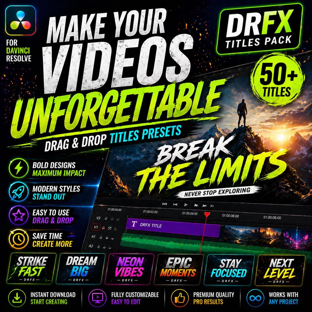 Davinci Resolve Titles Pack DRFX Drag Drop Text Presets Video Editing ...