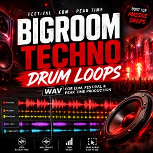 May include: A digital graphic for Bigroom Techno Drum Loops featuring bold white and red text, a waveform display with kick, top, perc, fill, and cymbal loops, large speakers, and a concert crowd scene with red lighting and the text Built for Massive Drops.