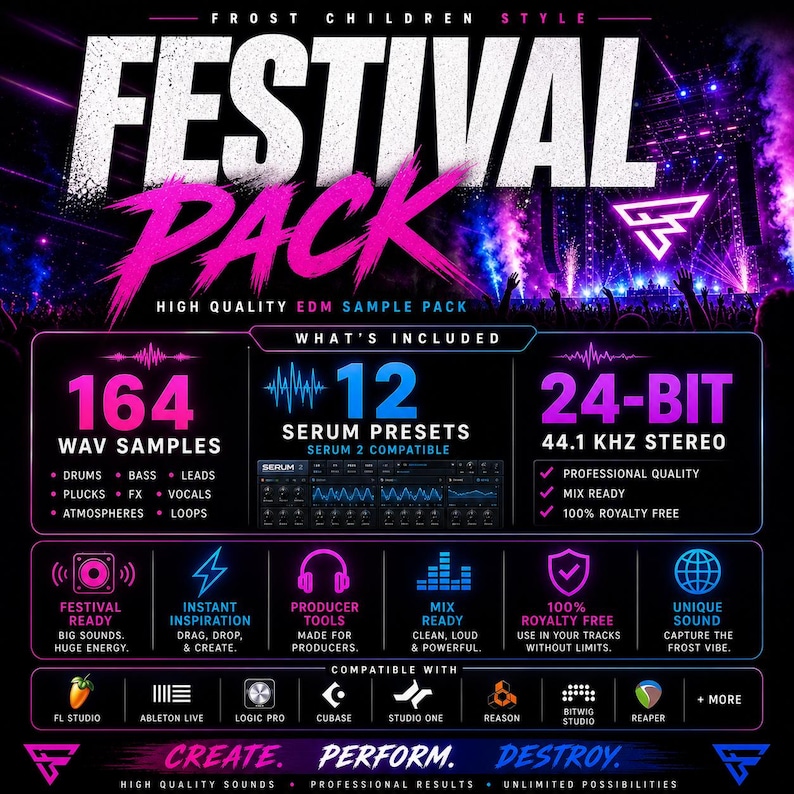 May include: A promotional graphic for a "Festival Pack" of EDM sample sounds. The design features a vibrant purple and pink color scheme with text indicating 164 WAV samples, 12 Serum presets, and 24-bit 44.1 kHz stereo quality.