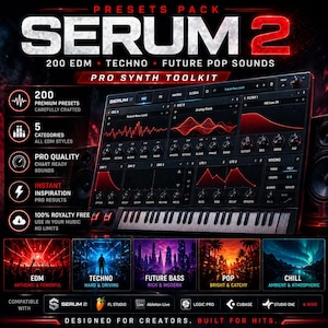 K&ouml;nnte beinhalten: Eine digitale Musikproduktionssoftware-Oberfl&auml;che mit dem Text "SERUM 2" und "PRO SYNTH TOOLKIT". Die Oberfl&auml;che zeigt Wellenformen und eine Tastatur mit Optionen f&uuml;r EDM, Techno, Future Bass, Pop und Chill Musikstile. Kompatibel mit verschiedenen DAWs.