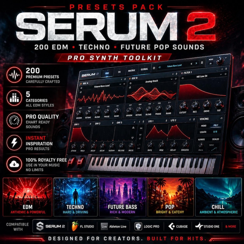 K&ouml;nnte beinhalten: Eine digitale Musikproduktionssoftware-Oberfl&auml;che mit dem Text "SERUM 2" und "PRO SYNTH TOOLKIT". Die Oberfl&auml;che zeigt Wellenformen und eine Tastatur mit Optionen f&uuml;r EDM, Techno, Future Bass, Pop und Chill Musikstile. Kompatibel mit verschiedenen DAWs.