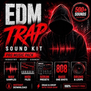 May include: A promotional graphic for an EDM Trap Sound Kit. The design features a hooded figure, red and white text, and icons representing WAV samples, MIDI files, Serum presets, 808 bass one shots, and drums & loops. Includes "Instant Download" and "100% Royalty Free" text.