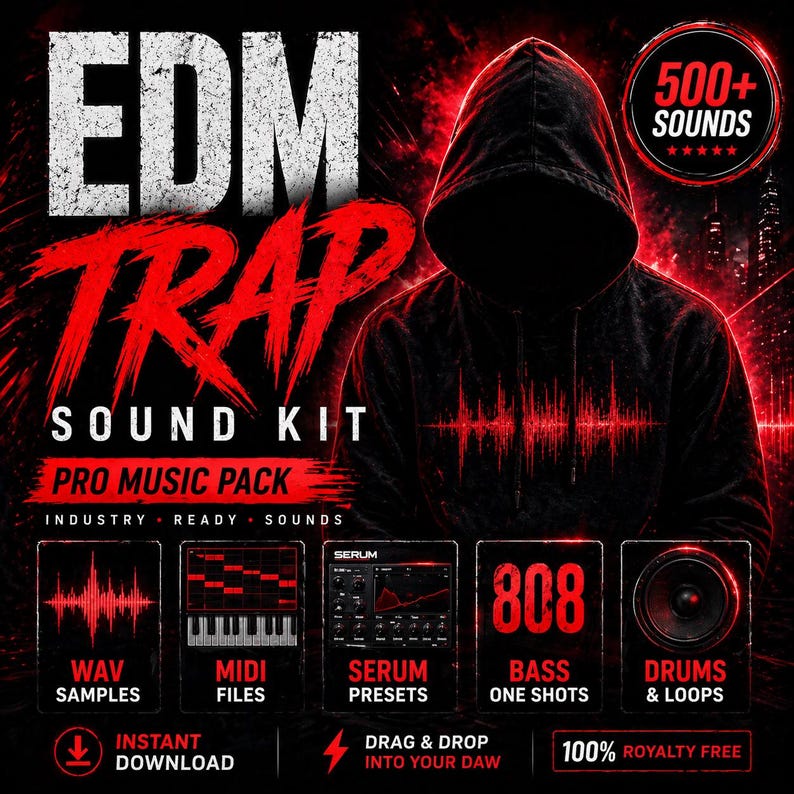 May include: A promotional graphic for an EDM Trap Sound Kit. The design features a hooded figure, red and white text, and icons representing WAV samples, MIDI files, Serum presets, 808 bass one shots, and drums & loops. Includes "Instant Download" and "100% Royalty Free" text.