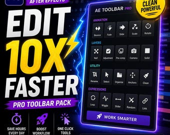 May include: A digital graphic advertising the "AE TOOLBAR PRO" pack for After Effects. The image displays the text "EDIT 10X FASTER" in large yellow letters, alongside icons and buttons for animation, layers, utility, and expressions. The image also includes the text "INSTANT DOWNLOAD".