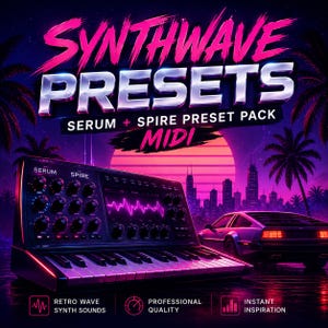 May include: A digital music production product featuring the text SYNTHWAVE PRESETS SERUM + SPIRE PRESET PACK MIDI. The image displays a black synthesizer keyboard with knobs and a screen, set against a neon purple and pink sunset cityscape.