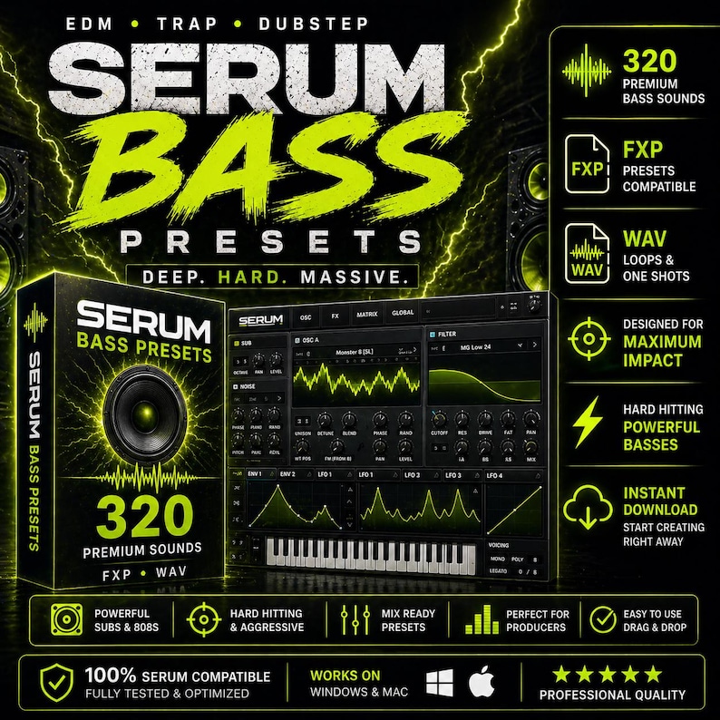 May include: A promotional graphic for "Serum Bass Presets" featuring a black box with a speaker graphic and the text "320 Premium Sounds." The design includes a digital audio workstation interface, and text that reads "Deep. Hard. Massive."
