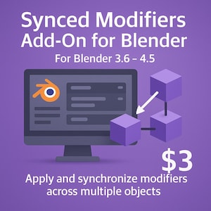 Puede incluir: Un gráfico púrpura que promociona un complemento de Blender. El texto dice "Synced Modifiers Add-On for Blender" y "For Blender 3.6 - 4.5." Se muestra un gráfico de monitor de computadora con tres cubos morados conectados por líneas. También se incluye el texto "Apply and synchronize modifiers across multiple objects".