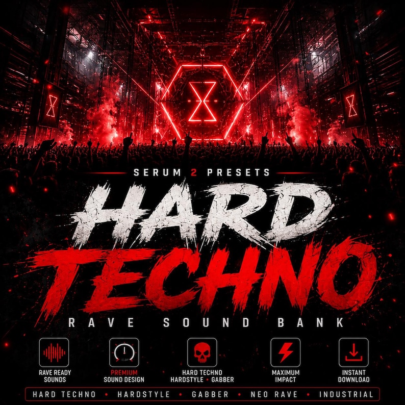 K&ouml;nnte beinhalten: Werbebild f&uuml;r "Hard Techno" Sound-Presets. Das Design zeigt ein rot-schwarzes Farbschema mit den Worten "HARD TECHNO" in gro&szlig;en, verwitterten wei&szlig;en und roten Buchstaben. Zus&auml;tzlicher Text enth&auml;lt "RAVE SOUND BANK" und Symbole, die Sounddesign-Funktionen darstellen.