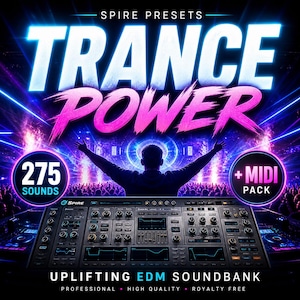Può includere: Immagine promozionale per un soundbank, con la scritta "TRANCE POWER" in neon rosa e bianco. L'immagine presenta una console da DJ, una silhouette di una persona con le braccia alzate e il testo "275 SOUNDS" e "+ MIDI PACK". Il testo in basso recita "UPLIFTING EDM SOUNDBANK".