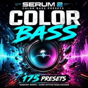 May include: A digital art graphic for Serum 2 Color Bass Presets. The image features a large speaker with the words "COLOR BASS" in bright blue, and "175 PRESETS" in white. The background has a dark, energetic design with blue and pink accents.