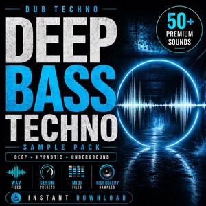 May include: A promotional graphic for a "Deep Bass Techno" sample pack. The design features the text "DEEP BASS TECHNO" in large, bold, white and blue letters. Additional text includes "SAMPLE PACK", "50+ PREMIUM SOUNDS", and icons representing file types. A glowing blue sound wave graphic is also present.