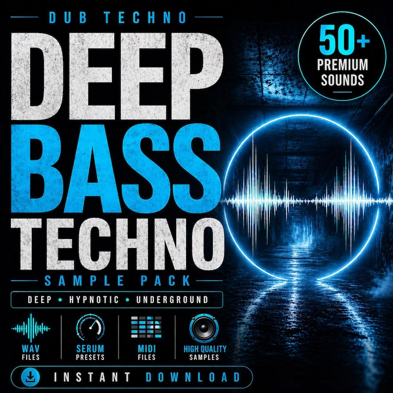 May include: A promotional graphic for a "Deep Bass Techno" sample pack. The design features the text "DEEP BASS TECHNO" in large, bold, white and blue letters. Additional text includes "SAMPLE PACK", "50+ PREMIUM SOUNDS", and icons representing file types. A glowing blue sound wave graphic is also present.