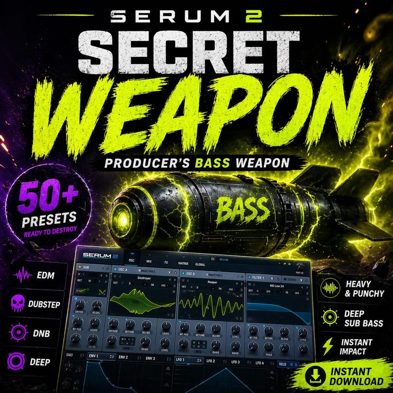 May include: A digital graphic advertising Serum 2, with the words "SECRET WEAPON" in bright green. A bomb graphic with "BASS" is central. The image promotes 50+ presets and EDM, Dubstep, DNB, and Deep music genres, with an "Instant Download" option.