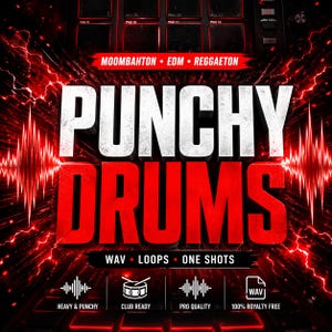 Könnte beinhalten: Rote und weiße Grafik mit den Worten "PUNCHY DRUMS" in großen, fetten Buchstaben. Das Bild enthält den Text "MOOMBAHTON • EDM • REGGAETON" und "WAV • LOOPS • ONE SHOTS". Symbole zeigen "HEAVY & PUNCHY", "CLUB READY", "PRO QUALITY" und "100% ROYALTY FREE".