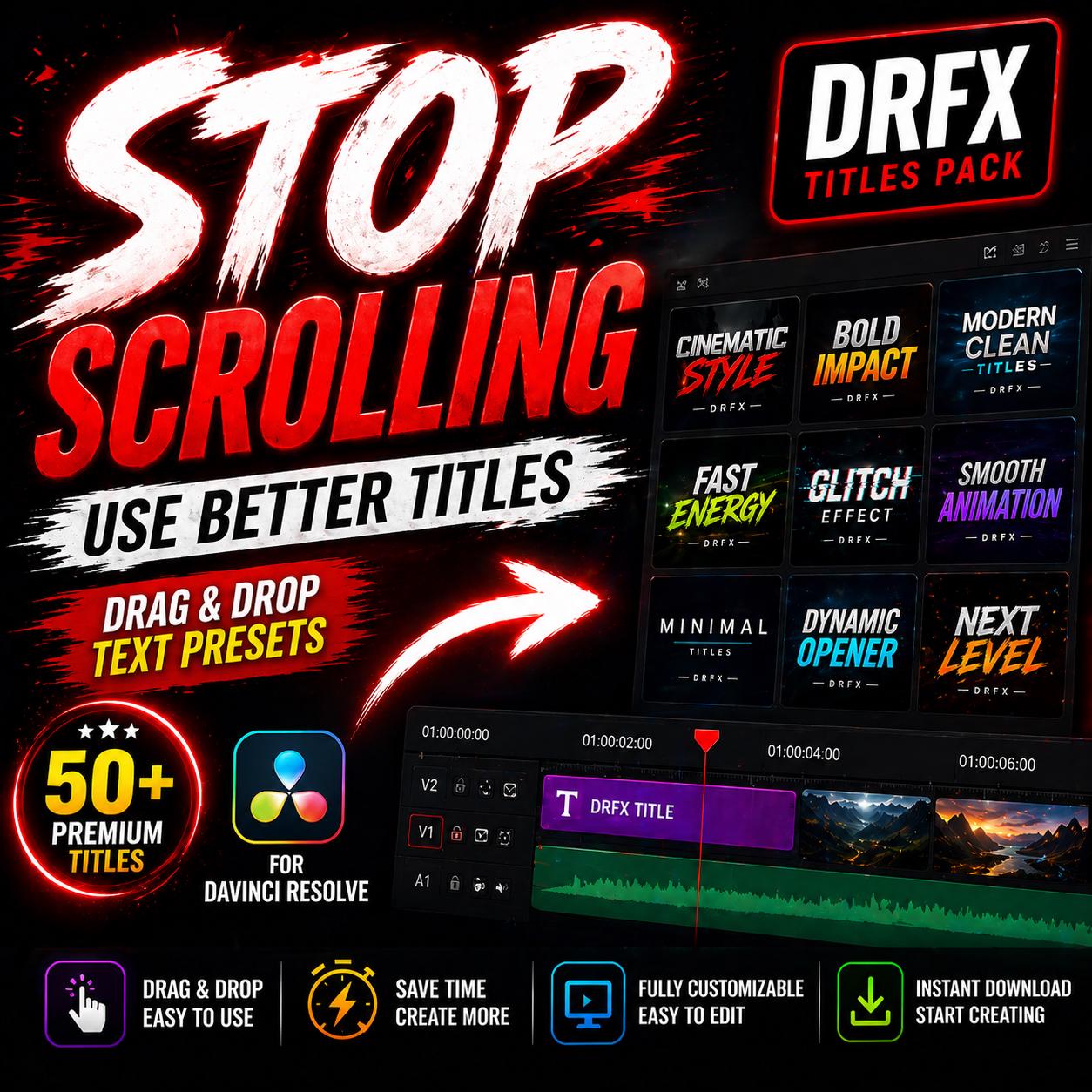 Davinci Resolve Titles Pack DRFX Drag Drop Text Presets Video Editing ...