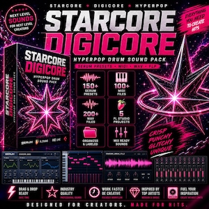 May include: A promotional graphic for "Starcore Digicore" sound pack. The design features a black and pink color scheme with text and graphics. The pack includes serum presets, MIDI files, WAV files, and FL Studio projects. The text includes "Designed for Creators. Made for Hits."