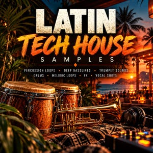 Puede incluir: Un paquete de producción musical digital titulado LATIN TECH HOUSE SAMPLES que incluye bucles de percusión, líneas de bajo, sonidos de trompeta, baterías, bucles melódicos, efectos y voces. La imagen muestra dos tambores conga de madera, una trompeta dorada y auriculares.