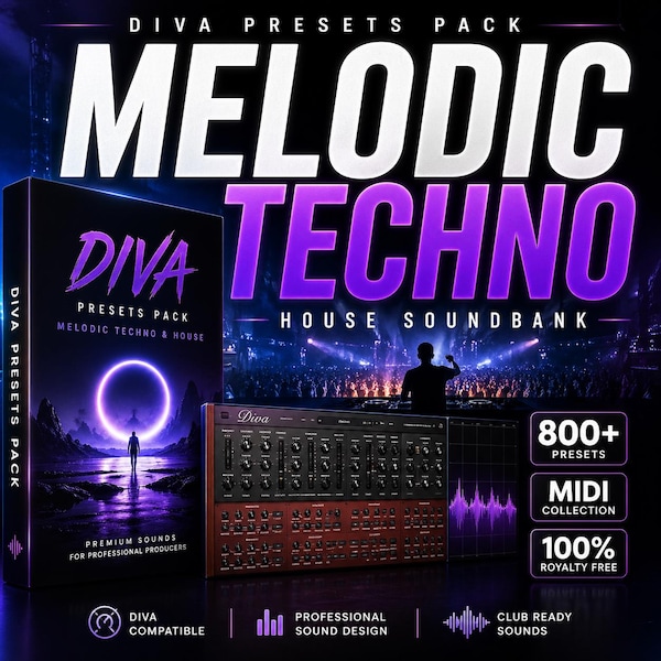 Paquete de presets Diva, banco de sonidos de techno house melódico, 800 sonidos, kit MIDI