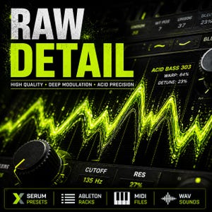 K&ouml;nnte beinhalten: Eine digitale Audio-Workstation-Oberfl&auml;che mit dem Text "RAW DETAIL" in Wei&szlig; und Neongr&uuml;n. Die Oberfl&auml;che zeigt eine Wellenform und Steuerungskn&ouml;pfe. Zus&auml;tzlicher Text lautet "HIGH QUALITY, DEEP MODULATION, ACID PRECISION". Symbole f&uuml;r Serum Presets, Ableton Racks, MIDI-Dateien und WAV-Sounds sind ebenfalls vorhanden.