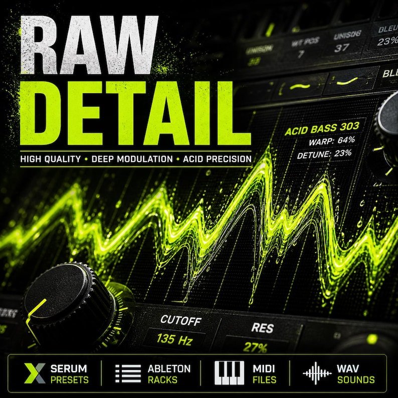 K&ouml;nnte beinhalten: Eine digitale Audio-Workstation-Oberfl&auml;che mit dem Text "RAW DETAIL" in Wei&szlig; und Neongr&uuml;n. Die Oberfl&auml;che zeigt eine Wellenform und Steuerungskn&ouml;pfe. Zus&auml;tzlicher Text lautet "HIGH QUALITY, DEEP MODULATION, ACID PRECISION". Symbole f&uuml;r Serum Presets, Ableton Racks, MIDI-Dateien und WAV-Sounds sind ebenfalls vorhanden.