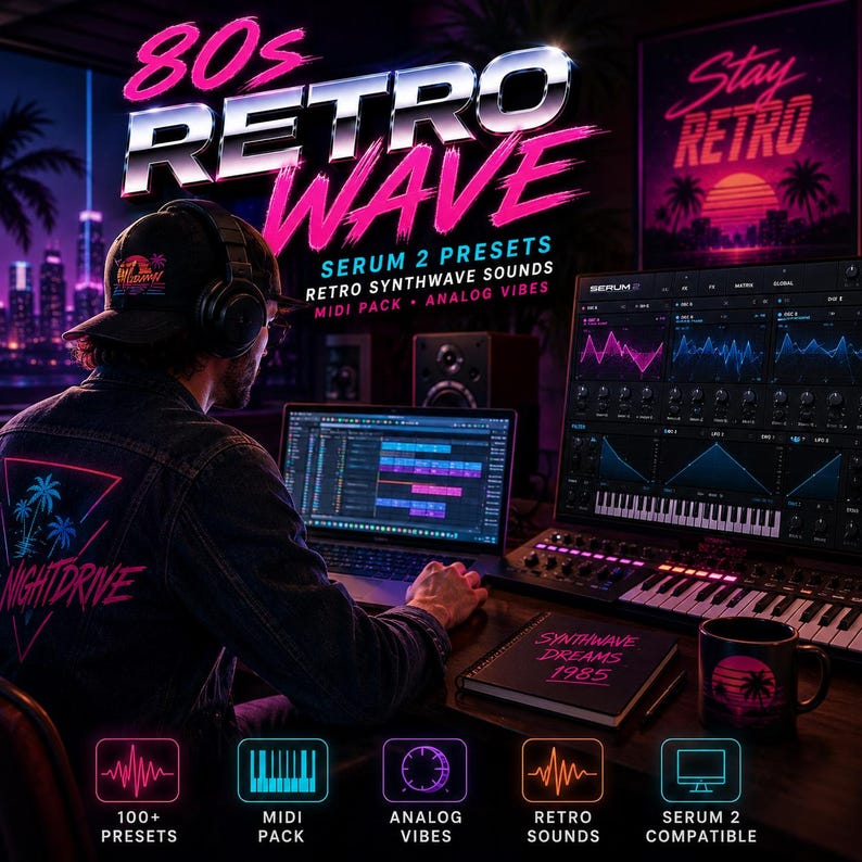 Op de afbeelding: Een digitale kunstafbeelding met de tekst "80s Retro Wave" in een chroom- en roze lettertype. De afbeelding toont een persoon met een koptelefoon en een spijkerjasje, die werkt op een laptop en een synthesizer. De tekst "Serum 2 Presets, Retro Synthwave Sounds, Midi Pack + Analog Vibes".