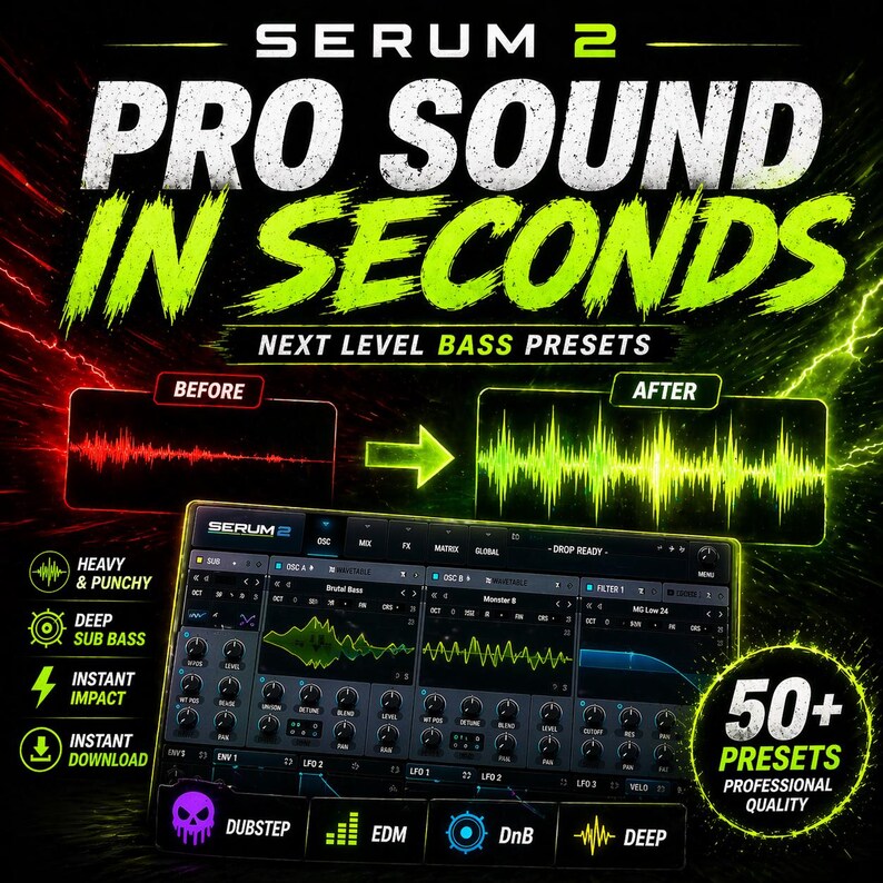 May include: A promotional graphic for Serum 2, with the text "PRO SOUND IN SECONDS." The image shows a before-and-after sound wave comparison, a digital audio workstation interface, and icons for "Heavy & Punchy," "Deep Sub Bass," and "Instant Download."
