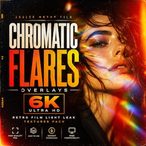 以下が含まれることがあります： 「Chromatic Flares Overlays」のプロモーション画像。レトロフィルムのライトリークテクスチャパックです。女性の顔とカラフルな光のフレア、そして「6K Ultra HD」の文字が特徴です。デザインにはKodakのロゴとアイコンが含まれています。