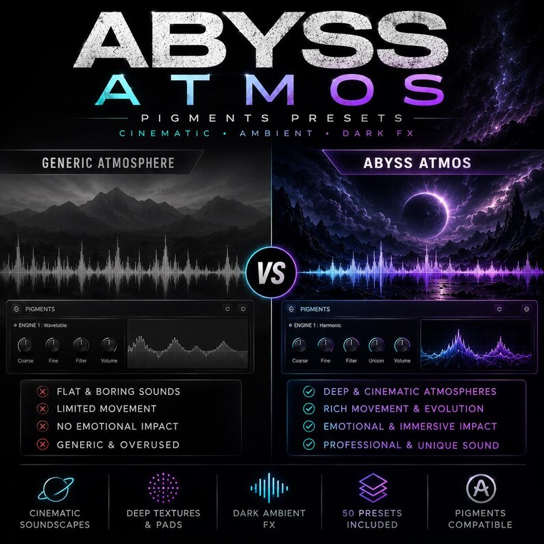 May include: A digital art graphic promoting "ABYSS ATMOS" sound presets. The image contrasts "Generic Atmosphere" with "Abyss Atmos," highlighting features like deep cinematic atmospheres and rich movement. Includes text: "PIGMENTS PRESETS" and "50 PRESETS INCLUDED."