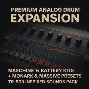 Puede incluir: Imagen oscura de una caja de ritmos con el texto "PREMIUM ANALOG DRUM EXPANSION". La máquina tiene numerosas perillas y botones, con las palabras "RHYTHM COMPOSER" en naranja. El texto adicional incluye "MASCHINE & BATTERY KITS + MONARK & MASSIVE PRESETS TR-909 INSPIRED SOUNDS PACK."