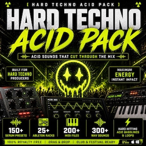 K&ouml;nnte beinhalten: Werbegrafik f&uuml;r ein Hard Techno Acid Pack mit neongr&uuml;nen und wei&szlig;en Texten auf schwarzem Hintergrund. Das Design umfasst ein Smiley-Gesicht, Audioausr&uuml;stung und Informationen zu Serum-Presets, MIDI-Dateien und WAV-Sounds.