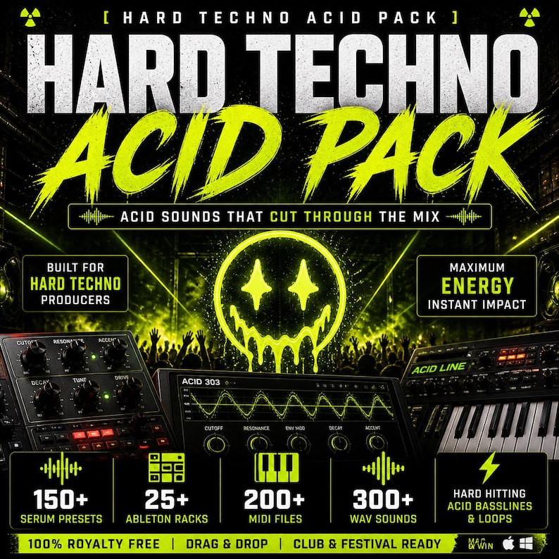K&ouml;nnte beinhalten: Werbegrafik f&uuml;r ein Hard Techno Acid Pack mit neongr&uuml;nen und wei&szlig;en Texten auf schwarzem Hintergrund. Das Design umfasst ein Smiley-Gesicht, Audioausr&uuml;stung und Informationen zu Serum-Presets, MIDI-Dateien und WAV-Sounds.