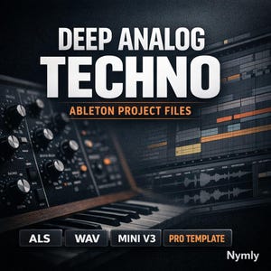 May include: Dark image with the text "DEEP ANALOG TECHNO" and "ABLETON PROJECT FILES." The image features a synthesizer, a keyboard, and a digital audio workstation interface. File types include ALS, WAV, MINI V3, and PRO TEMPLATE.