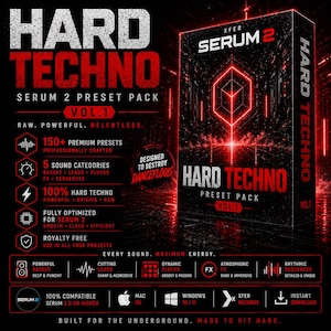 May include: A red and black product box for a "Hard Techno" preset pack, Vol. 1, with the text "Serum 2." The design includes the phrase "Designed to Destroy Dancefloors." The box advertises 150+ premium presets and 5 sound categories.
