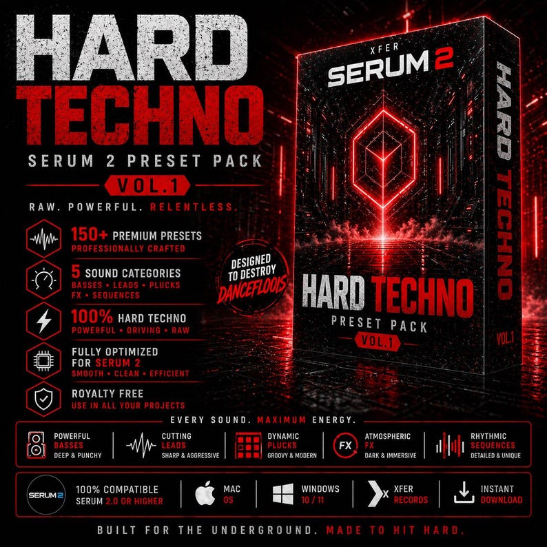 May include: A red and black product box for a "Hard Techno" preset pack, Vol. 1, with the text "Serum 2." The design includes the phrase "Designed to Destroy Dancefloors." The box advertises 150+ premium presets and 5 sound categories.