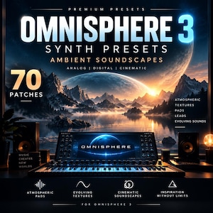 May include: A digital music production software package titled Omnisphere 3 Synth Presets featuring 70 patches. The graphic displays a mountain landscape with a large planet, a synthesizer keyboard, and text including Ambient Soundscapes, Atmospheric Textures, Pads, Leads, and Evolving Sounds.