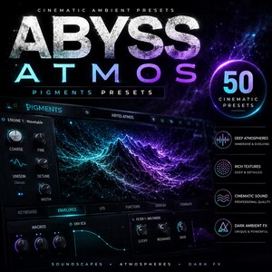 May include: A digital interface with the text "ABYSS ATMOS" and "50 CINEMATIC PRESETS." The interface displays a sound wave graphic with blue and purple hues. Additional text includes "PIGMENTS" and descriptions of sound features.