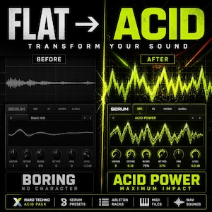 K&ouml;nnte beinhalten: Eine Grafik, die "flachen" Sound mit "Acid" Sound vergleicht, mit dem Text "Transformiere deinen Sound". Das Bild zeigt Vorher- und Nachher-Audio-Wellenformen mit Bedienfeldanzeigen. Der Text enth&auml;lt "Acid Power" und "Maximum Impact."