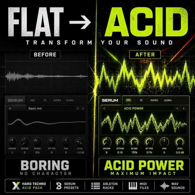 K&ouml;nnte beinhalten: Eine Grafik, die "flachen" Sound mit "Acid" Sound vergleicht, mit dem Text "Transformiere deinen Sound". Das Bild zeigt Vorher- und Nachher-Audio-Wellenformen mit Bedienfeldanzeigen. Der Text enth&auml;lt "Acid Power" und "Maximum Impact."