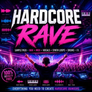 Op de afbeelding: Een digitale muziek sample pack hoes met de titel HARDCORE RAVE in witte en roze tekst. Het toont een DJ bij een mengpaneel voor een menigte onder neonlichten, met iconen voor vocalen, synth loops, drums, FX en een 100% royaltyvrij embleem.