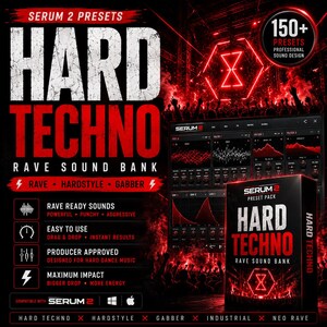 K&ouml;nnte beinhalten: Ein rotes und schwarzes Werbegrafik f&uuml;r eine "Hard Techno" Soundbank, mit dem Text "Hard Techno Rave Sound Bank" und "Serum 2 Presets". Das Design hebt Funktionen wie "Rave Ready Sounds" und "Easy to Use" hervor. Das Bild zeigt auch eine Software-Oberfl&auml;che.